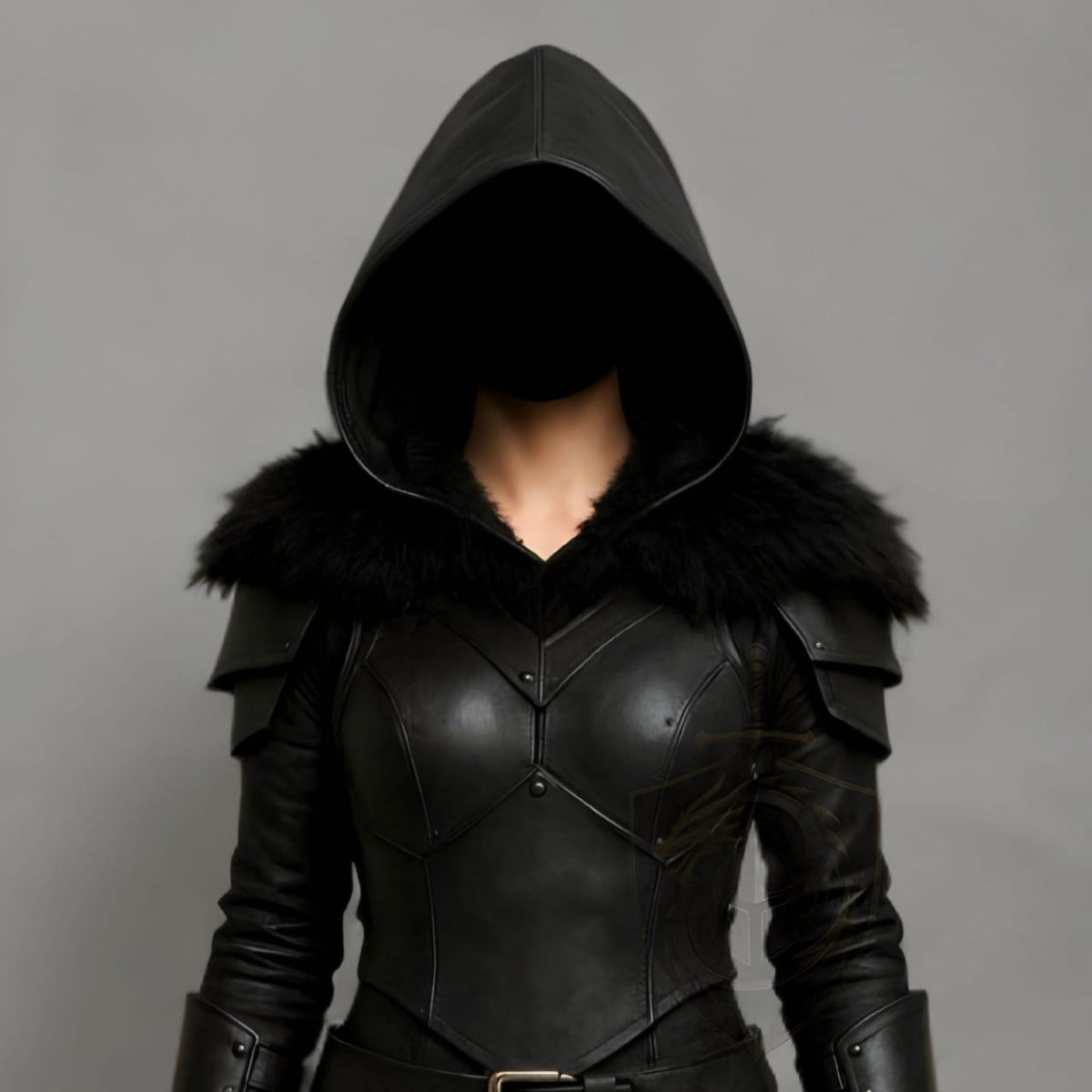 Black Hooded Leather Armor Jacket with Fur Trim Fant