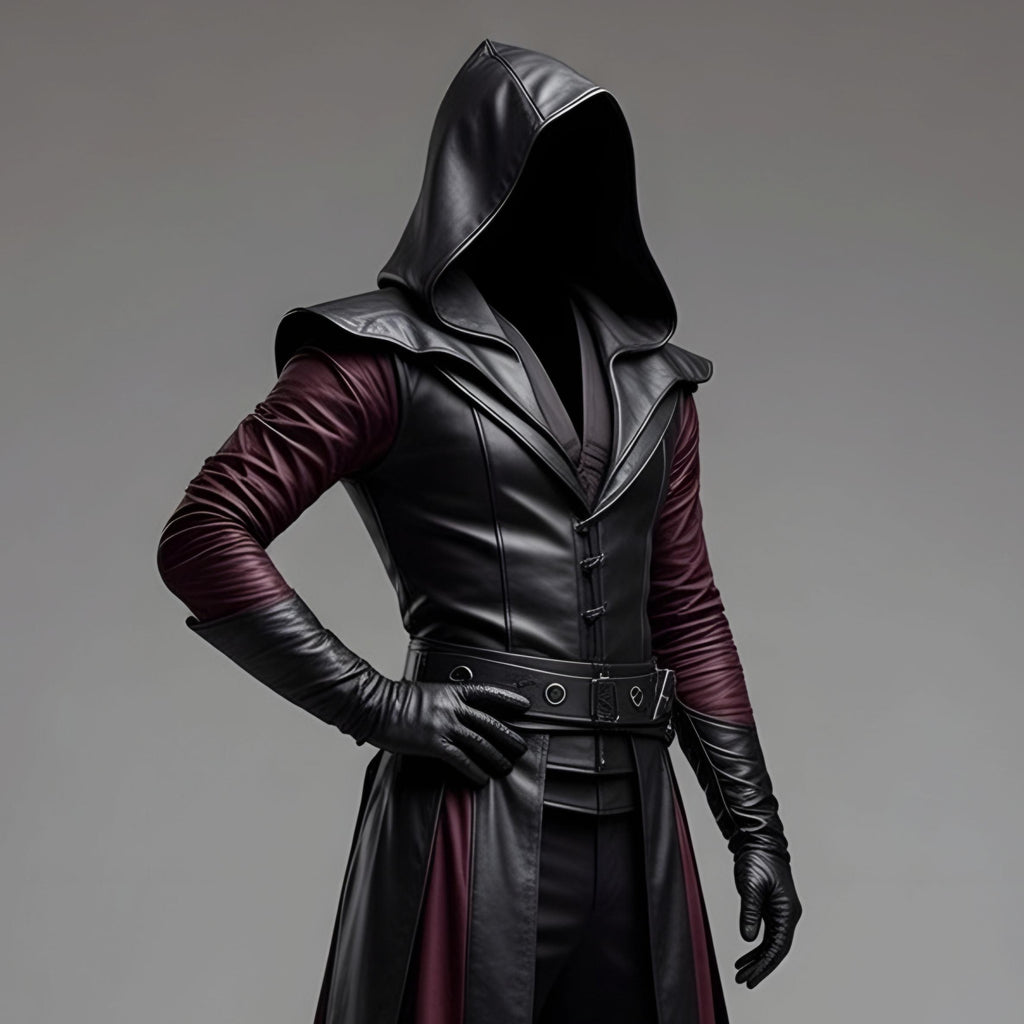 Dark Fantasy Hooded Leather Coat – Black & Purple Gothic Assassin Robe - Verlain London