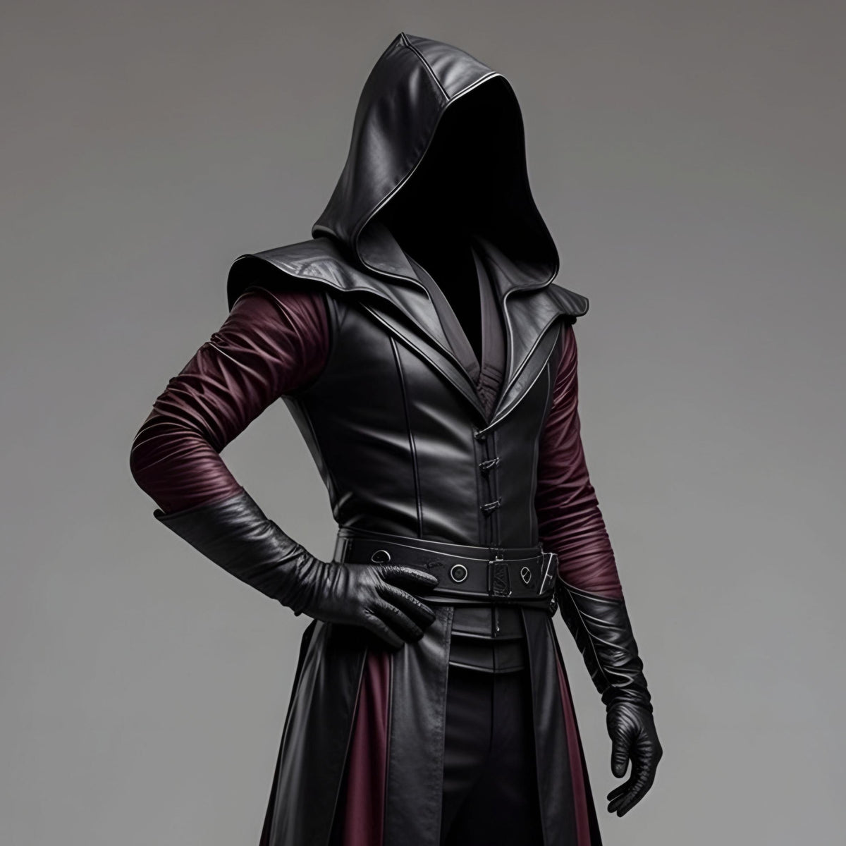 Dark Fantasy Hooded Leather Coat – Black & Purple Gothic Assassin Robe - Verlain London