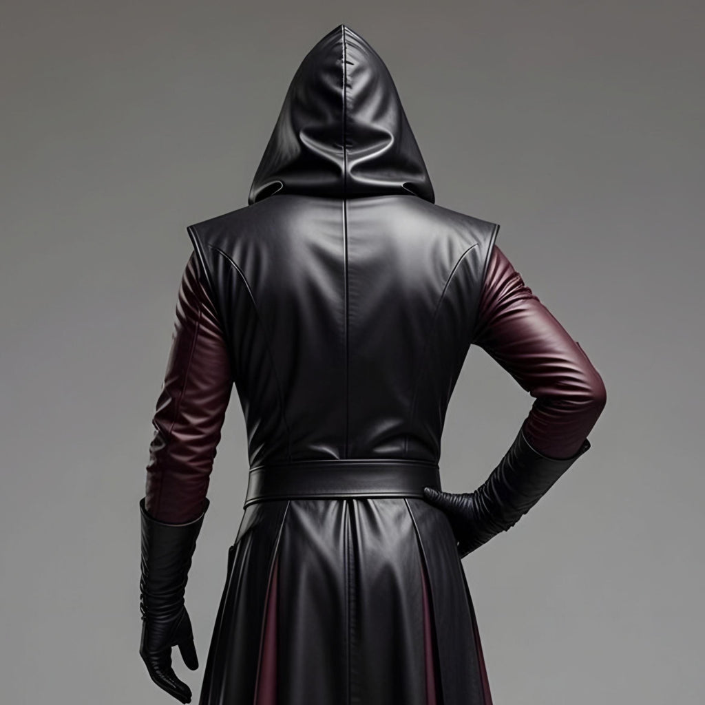 Dark Fantasy Hooded Leather Coat – Black & Purple Gothic Assassin Robe - Verlain London