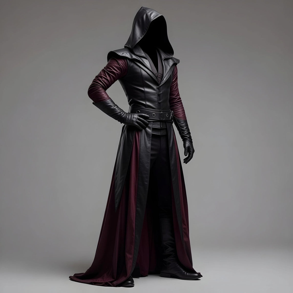 Dark Fantasy Hooded Leather Coat – Black & Purple Gothic Assassin Robe - Verlain London
