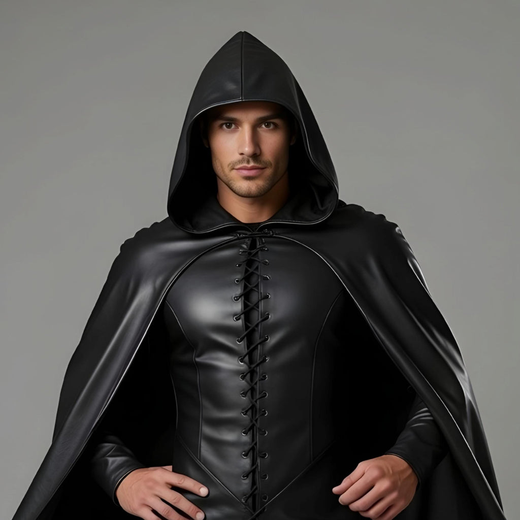 Men's Black Leather Hooded Cloak Cape Fantasy Assass