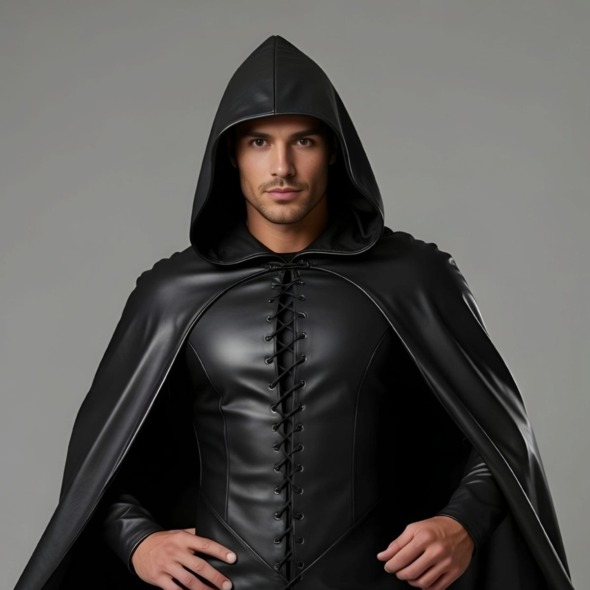 Men's Black Leather Hooded Cloak Cape Fantasy Assass
