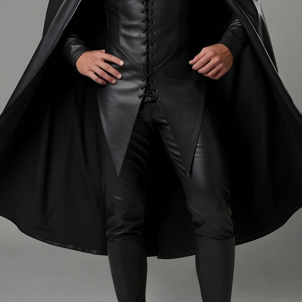 Men's Black Leather Hooded Cloak Cape Fantasy Assass
