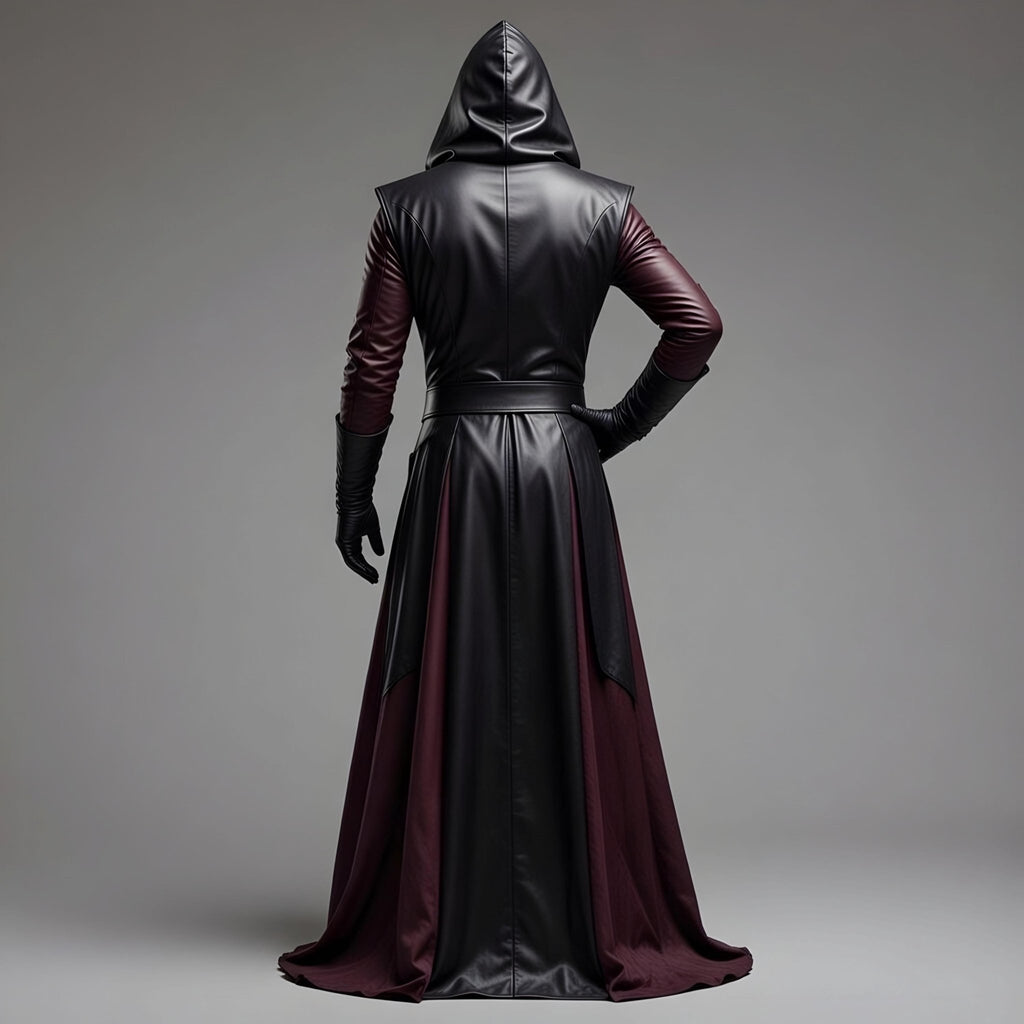 Dark Fantasy Hooded Leather Coat – Black & Purple Gothic Assassin Robe - Verlain London