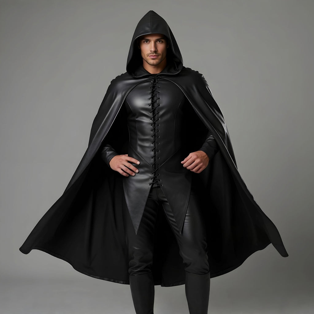 Men's Black Leather Hooded Cloak Cape Fantasy Assass