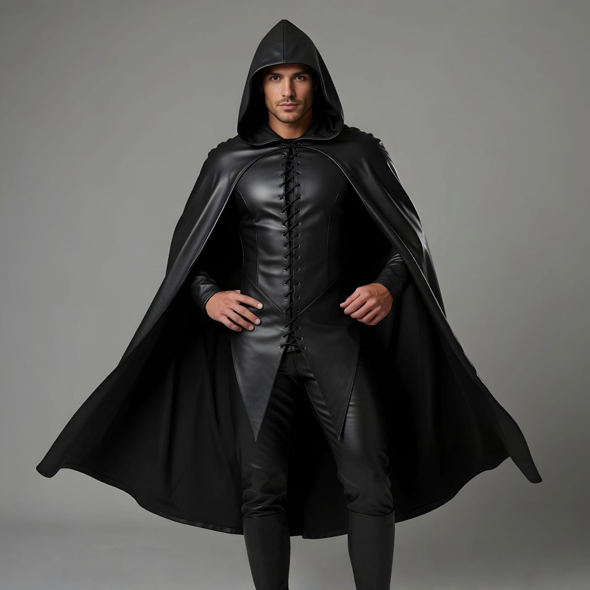 Men's Black Leather Hooded Cloak Cape Fantasy Assass