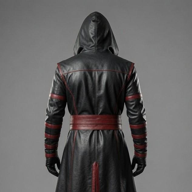 Crimson Shadow Assassin Hooded Leather Costume – Black & Red Cosplay Robe - Verlain London