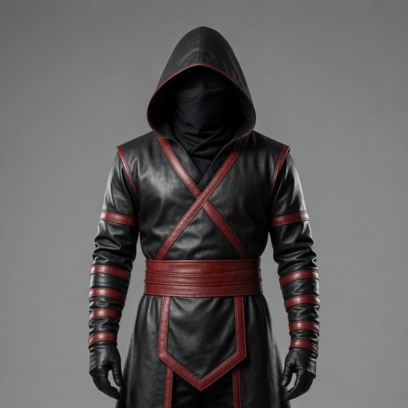 Crimson Shadow Assassin Hooded Leather Costume – Black & Red Cosplay Robe - Verlain London
