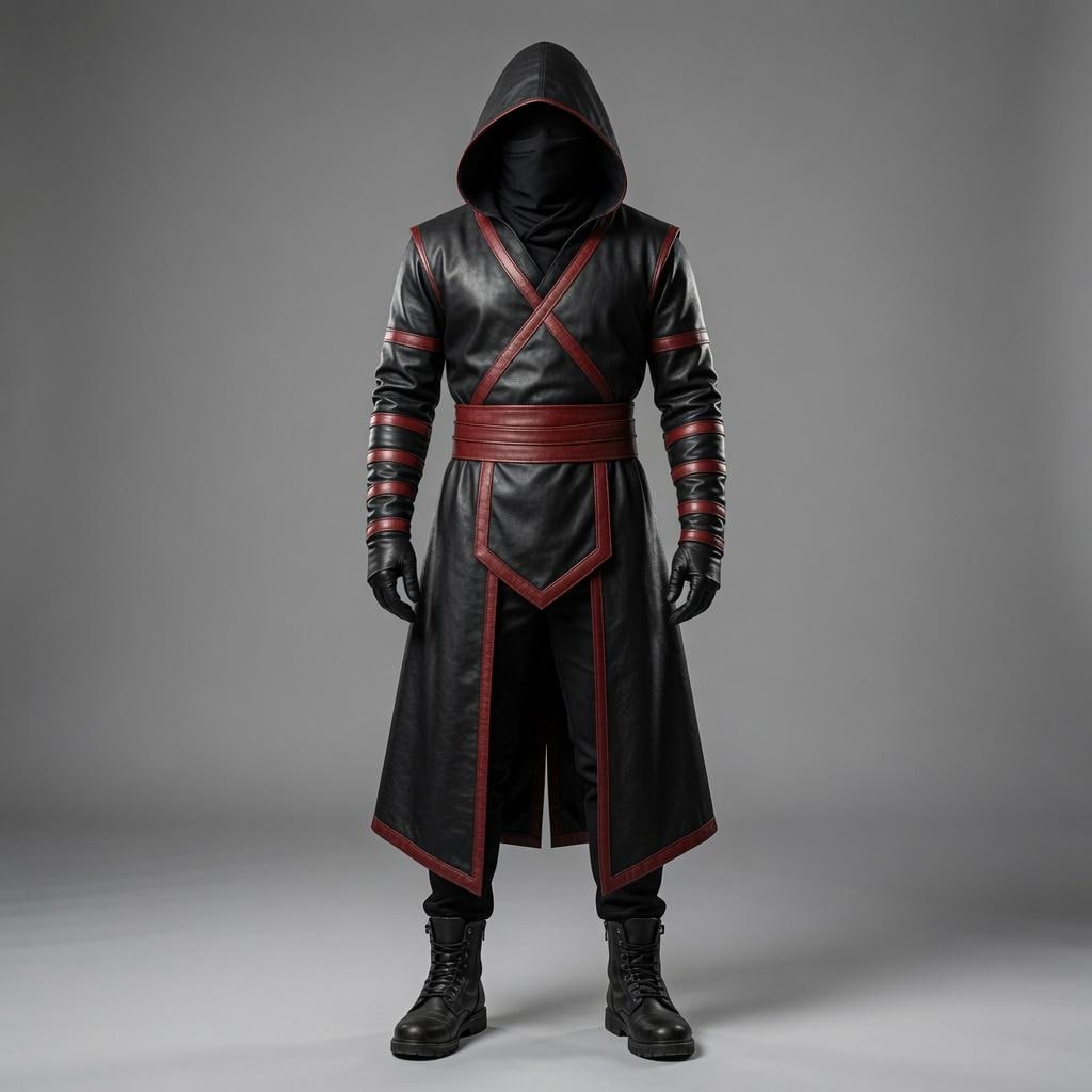 Crimson Shadow Assassin Hooded Leather Costume – Black & Red Cosplay Robe - Verlain London