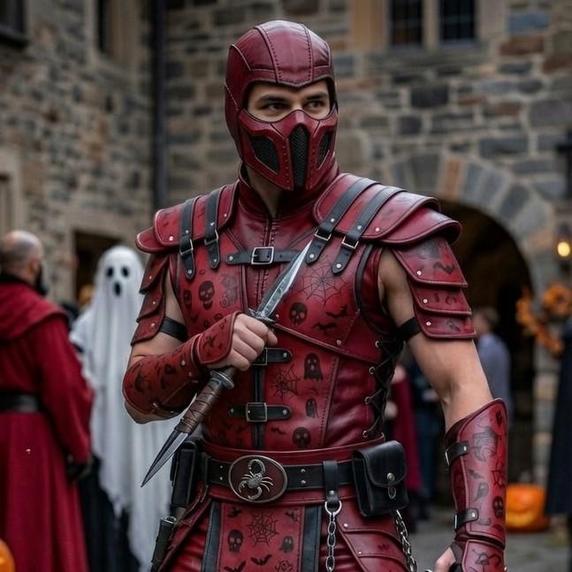 Red Leather Assassin Armor – Skull & Bat Halloween Warrior Cosplay Costume - Verlain London