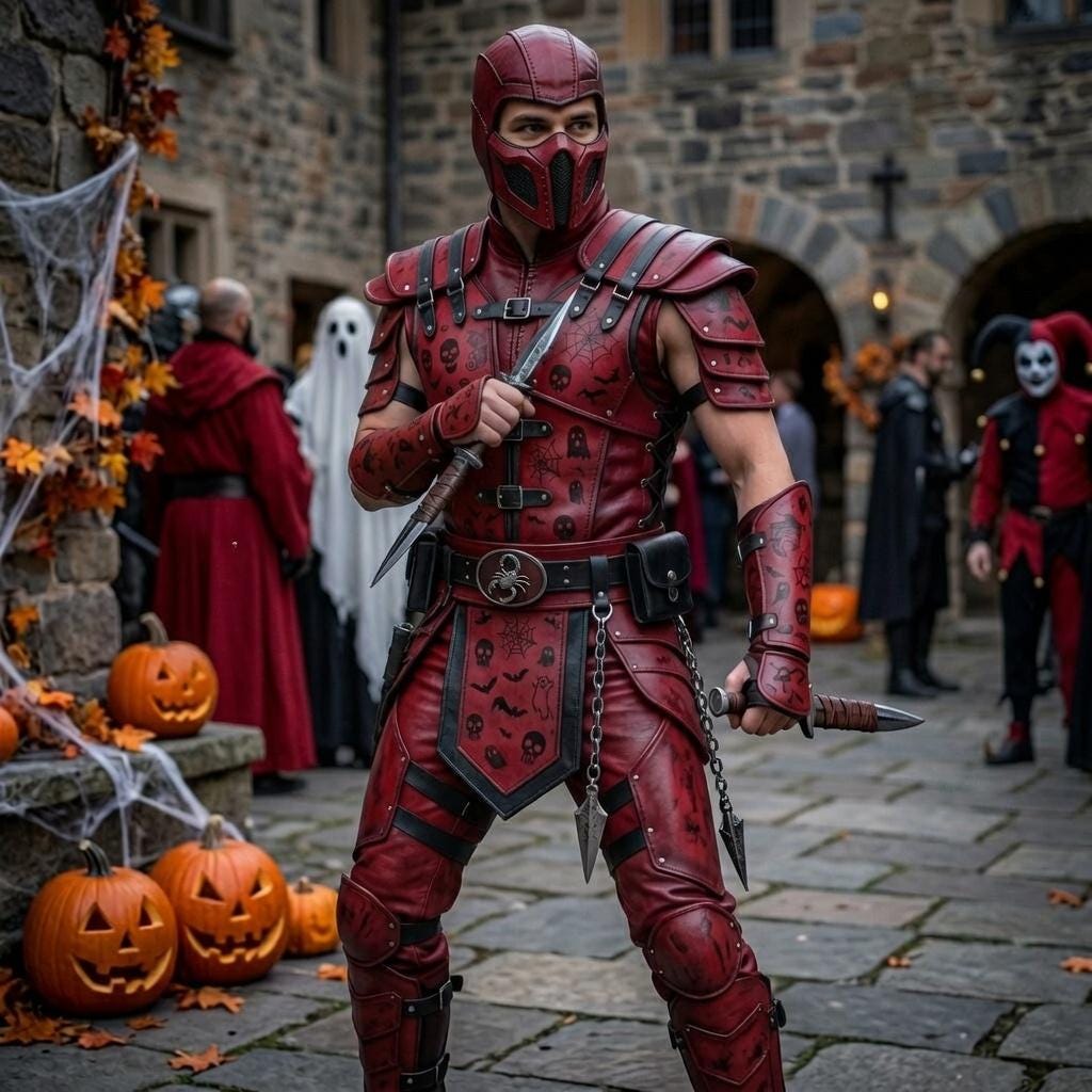 Red Leather Assassin Armor – Skull & Bat Halloween Warrior Cosplay Costume - Verlain London