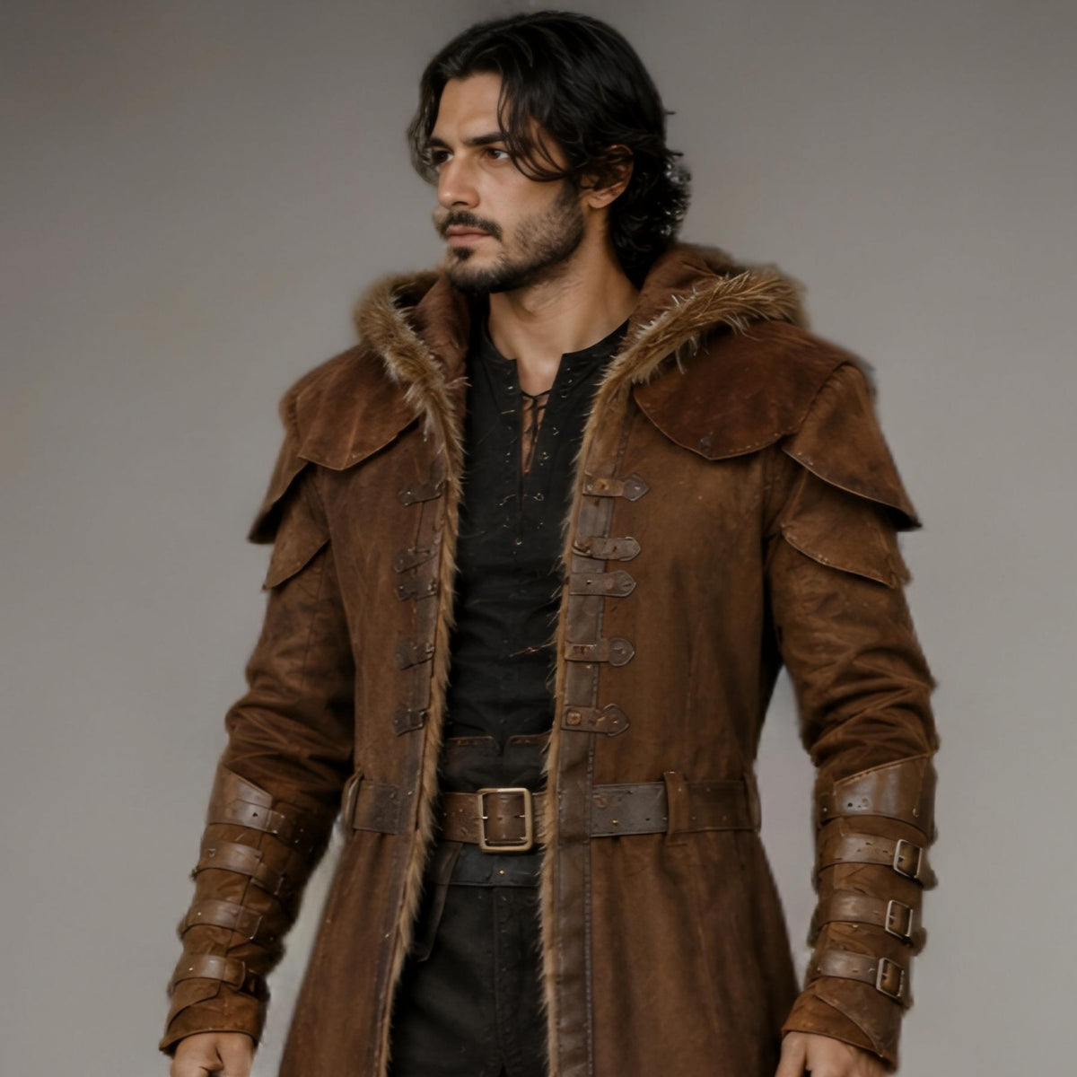 Suede Leather Viking Medieval Fur Coat