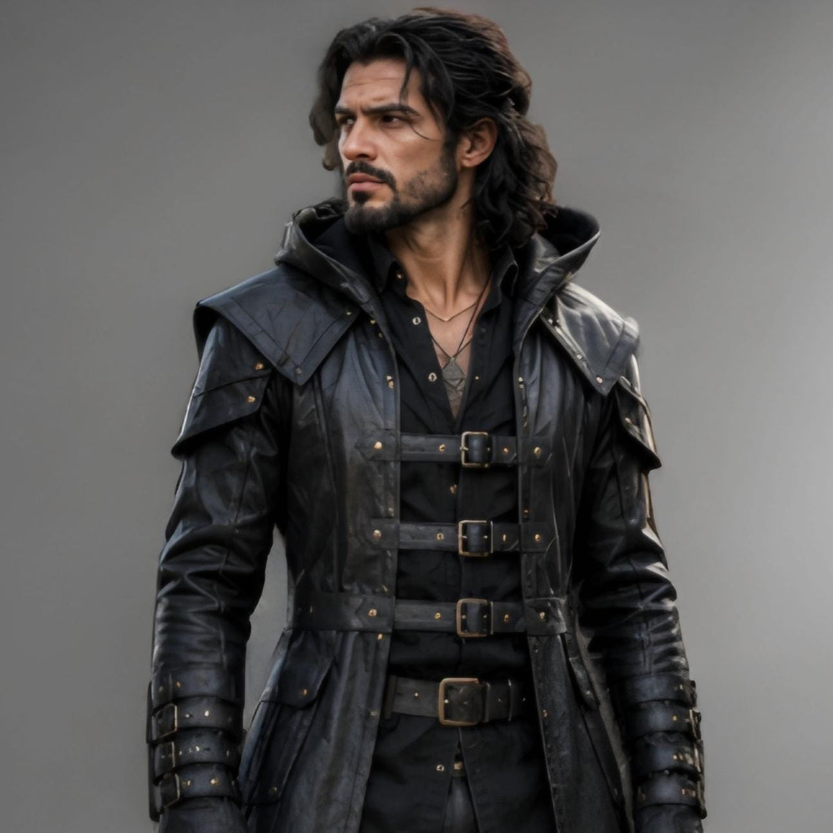 Black Leather Hooded Warrior Coat