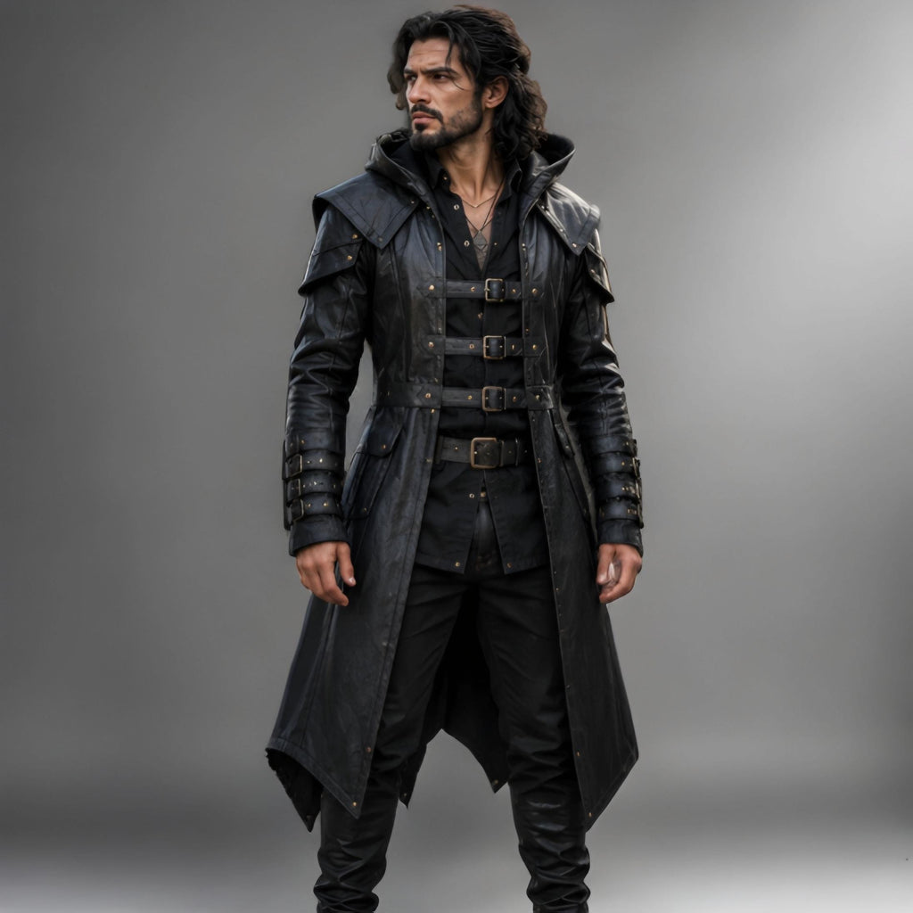 Black Leather Hooded Warrior Coat
