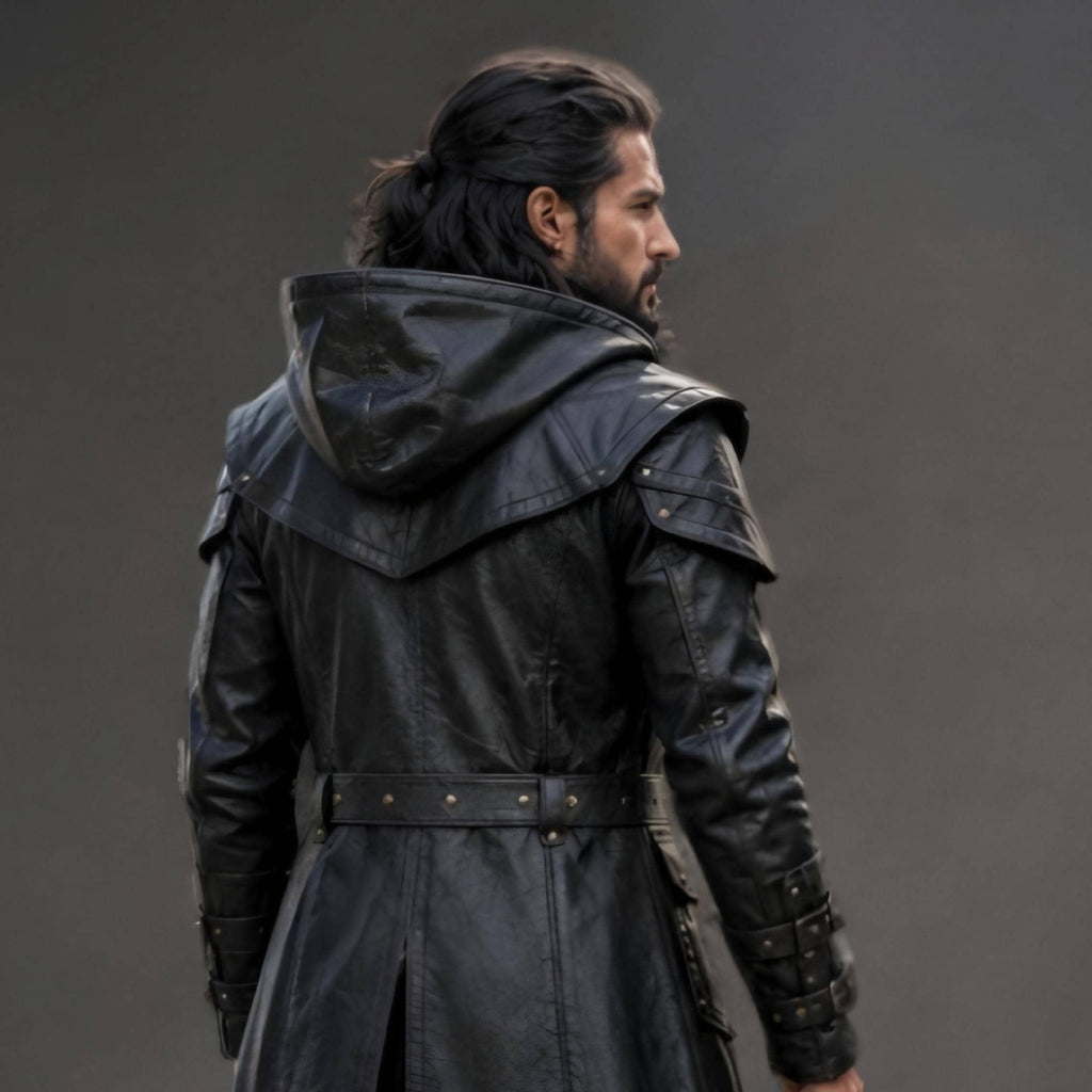 Black Leather Hooded Warrior Coat