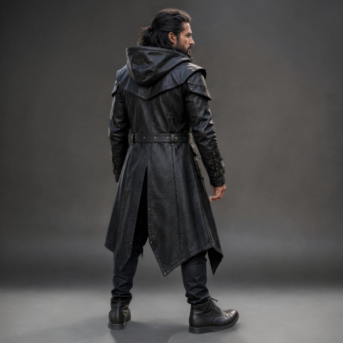 Black Leather Hooded Warrior Coat