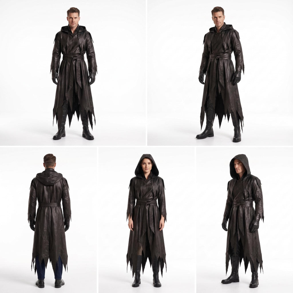 Genuine Leather Reaper Robe | Tattered Gothic Hooded Coat (Custom Fit) - Verlain London