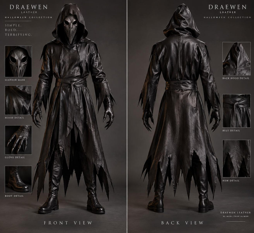 Genuine Leather Reaper Robe | Tattered Gothic Hooded Coat (Custom Fit) - Verlain London