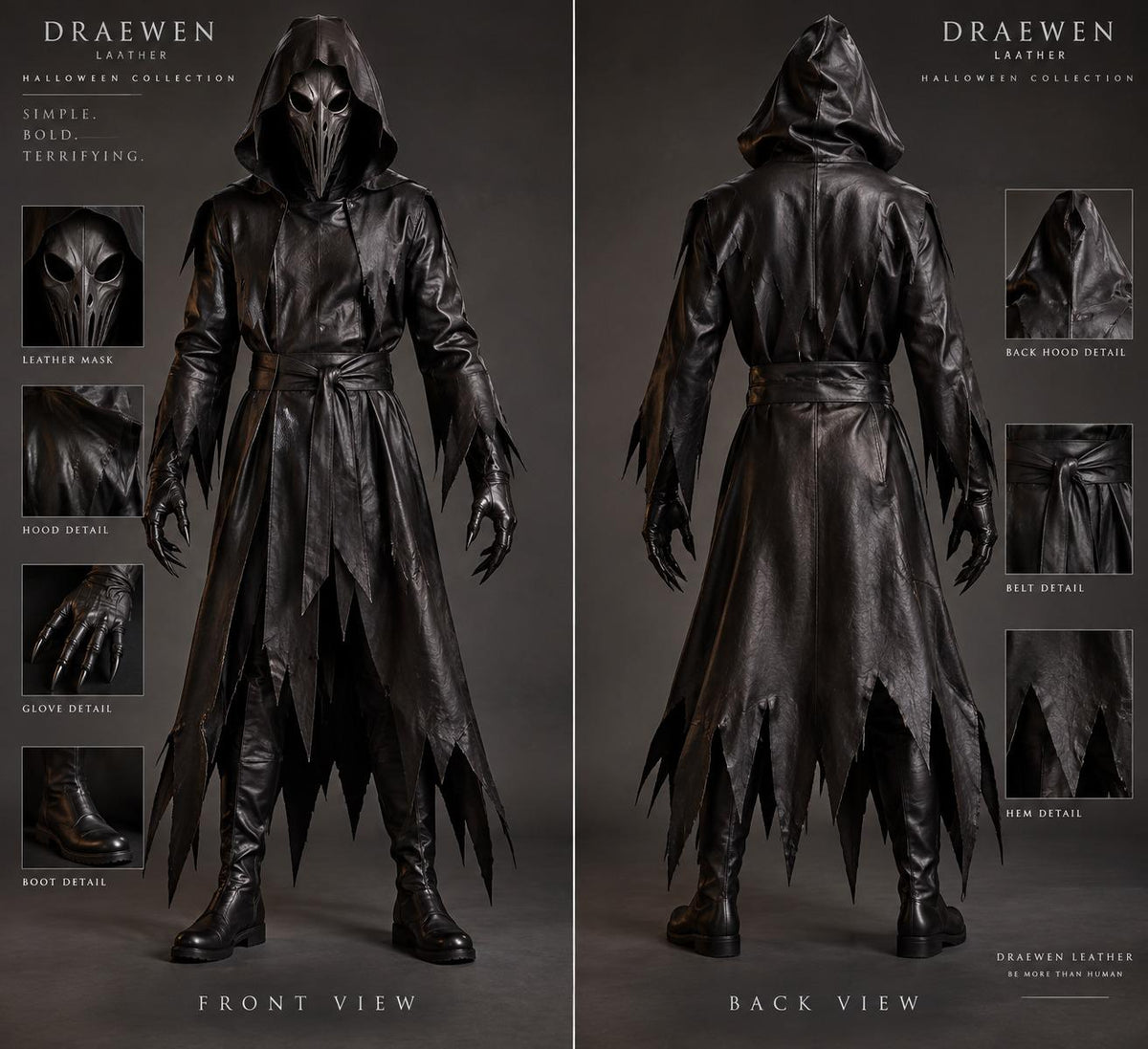 Genuine Leather Reaper Robe | Tattered Gothic Hooded Coat (Custom Fit) - Verlain London