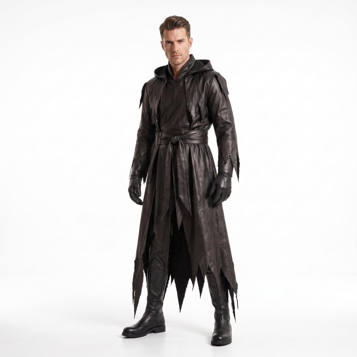Genuine Leather Reaper Robe | Tattered Gothic Hooded Coat (Custom Fit) - Verlain London