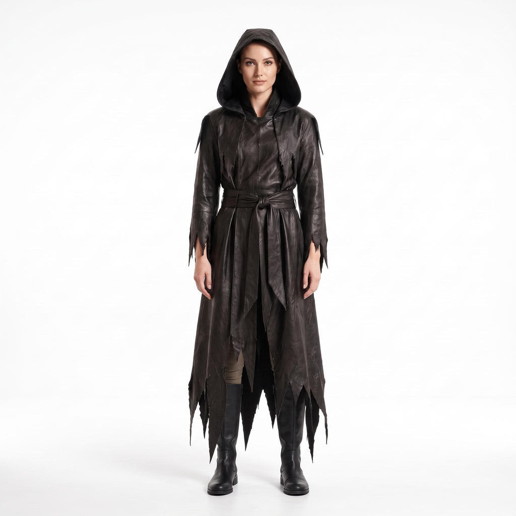 Genuine Leather Reaper Robe | Tattered Gothic Hooded Coat (Custom Fit) - Verlain London