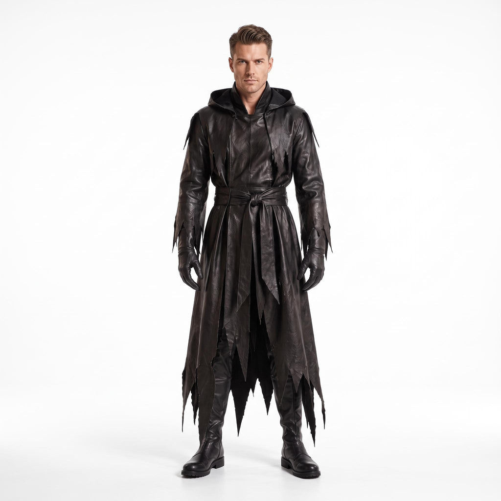 Genuine Leather Reaper Robe | Tattered Gothic Hooded Coat (Custom Fit) - Verlain London