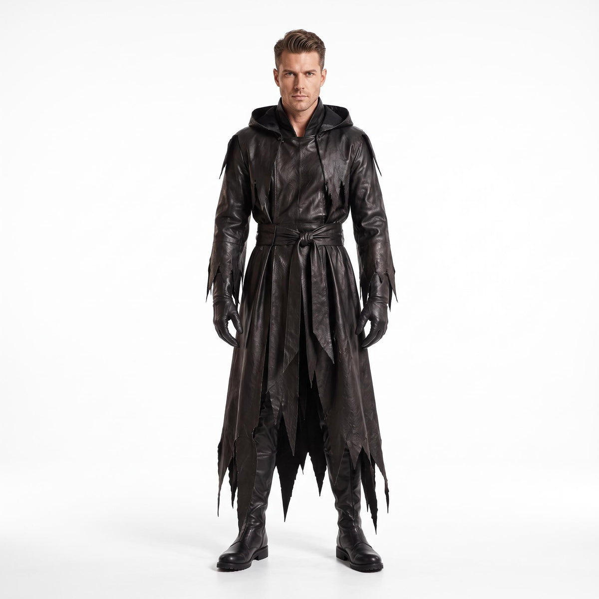 Genuine Leather Reaper Robe | Tattered Gothic Hooded Coat (Custom Fit) - Verlain London