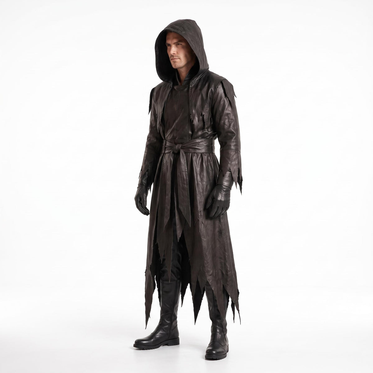 Genuine Leather Reaper Robe | Tattered Gothic Hooded Coat (Custom Fit) - Verlain London