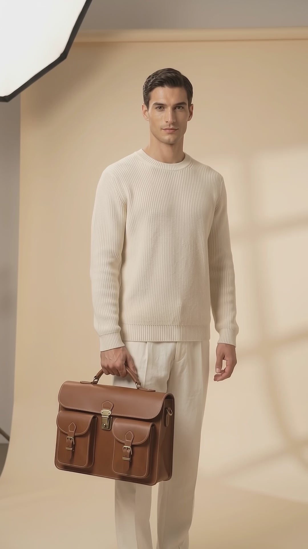 Cognac full grain leather briefcase with twin front pockets and brass lock, Verlain London Farringdon Briefcase