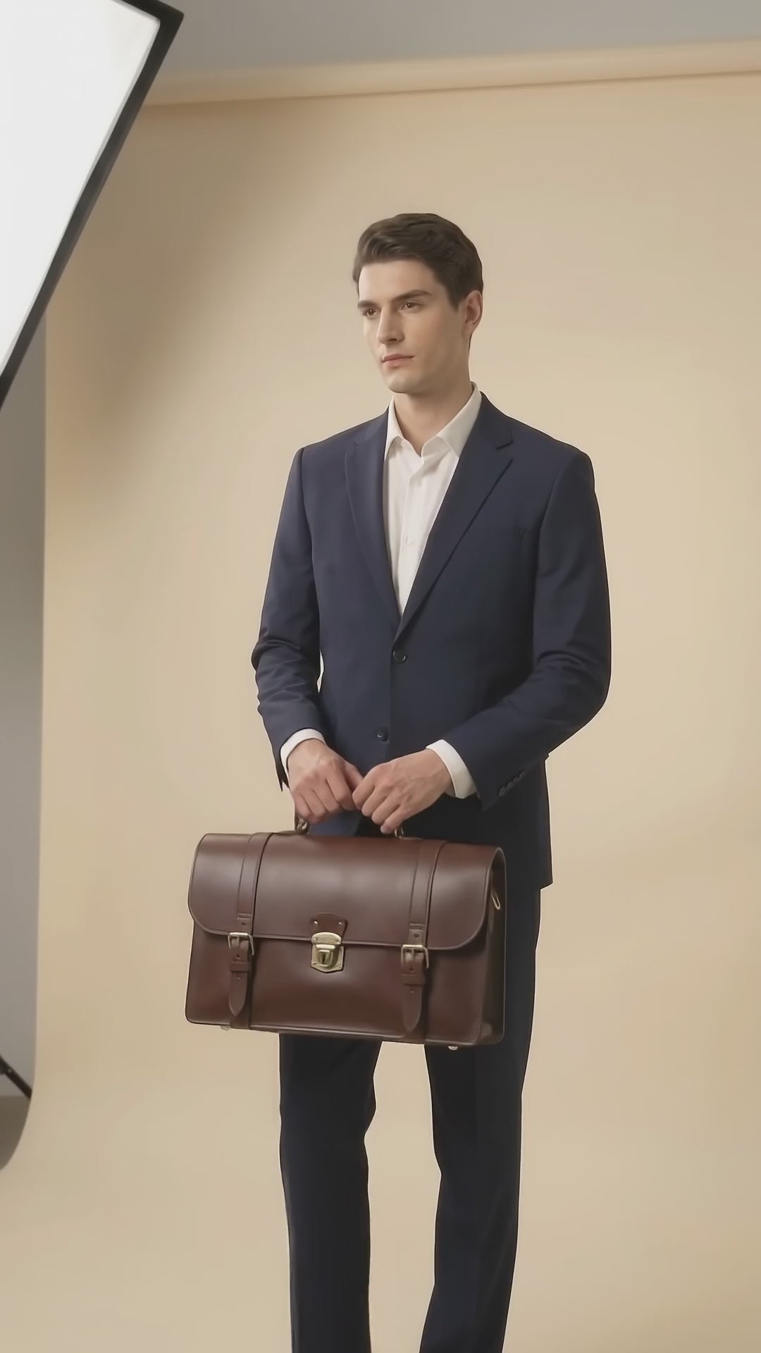 Oxblood full grain leather briefcase with brass lock and buckle straps, Verlain London Holborn Briefcase